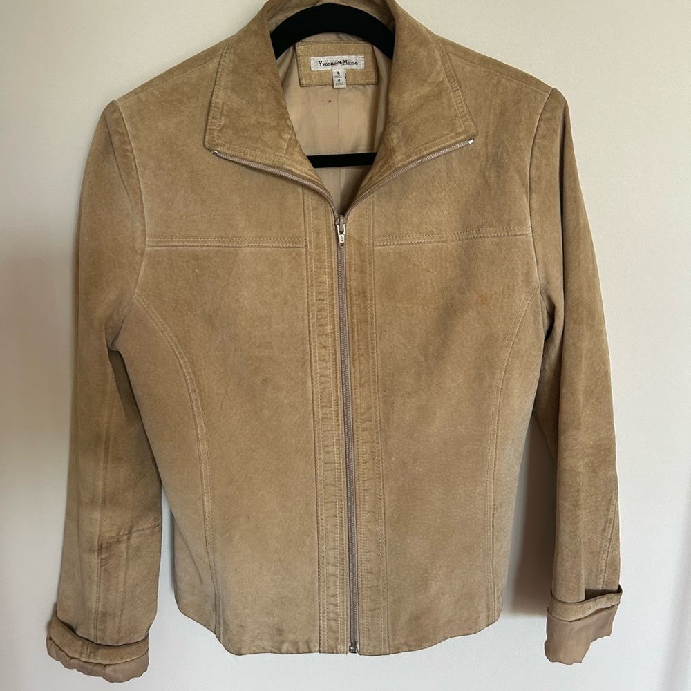 90S SUEDE YVONNE MARIE ZIP UP TAN JACKET **please note slight stainage shown**